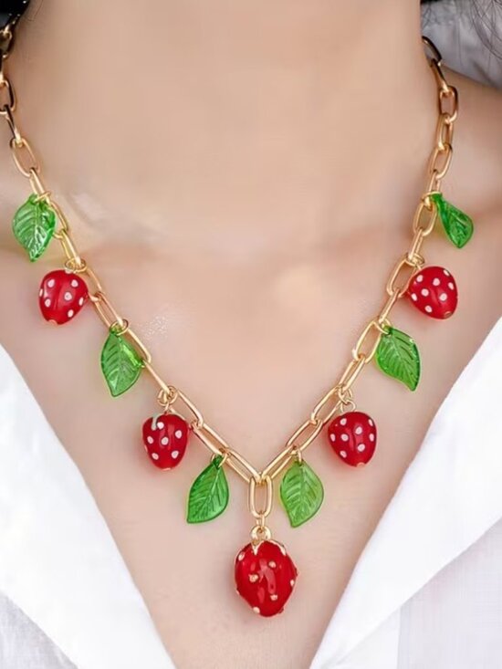 Jewelry - New Gold Paperclip Chain Strawberry Charm Necklace with Green leaves